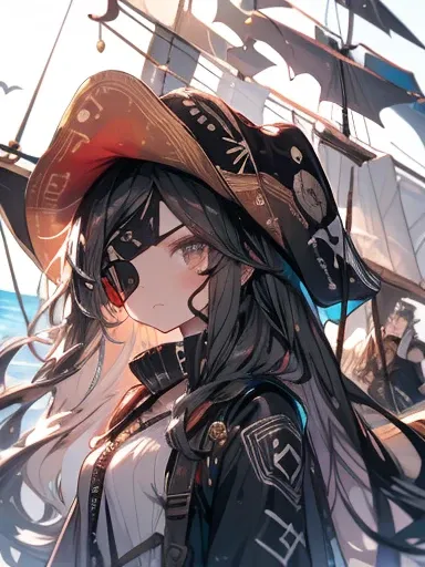 masterpiece、 girl、  black hair、 pirate clothes、 wear a triangular hat、((Black eyepatch))、 serious face、 ocean 、On the boat、 upper body、Skull Flag Ship 