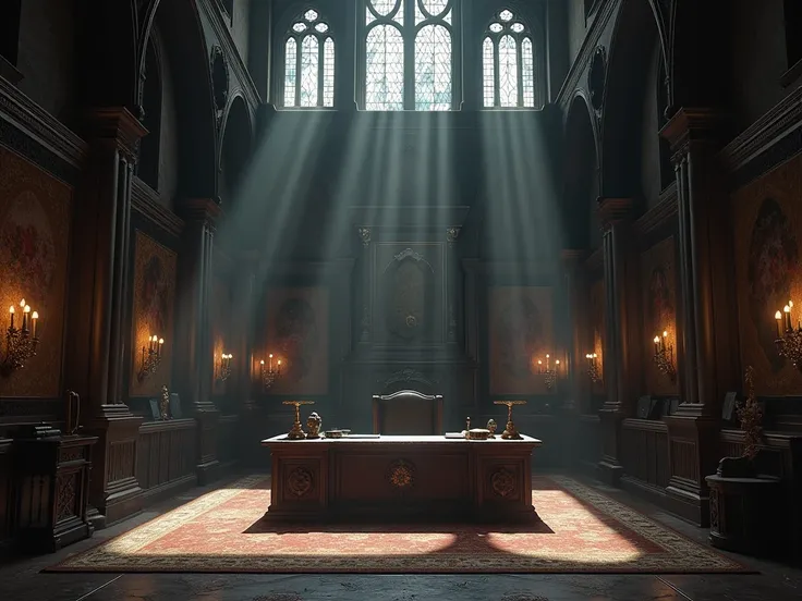 inside a medieval office room, large room, a medieval desk in the middle of room , medieval shadowy atmosphere, detailed medieval items and architecture.