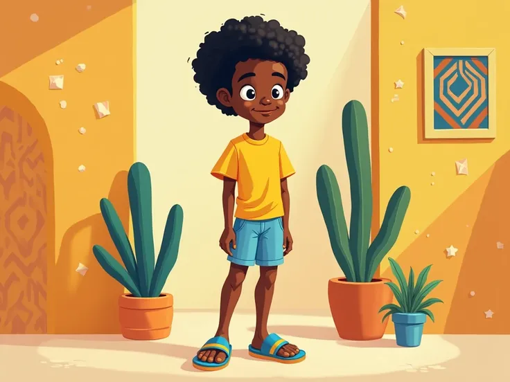  generates the image of a black  wearing a yellow t-shirt light blue shorts slippers, Short hair Afro drawing ,  cartoon inspired by Africa 