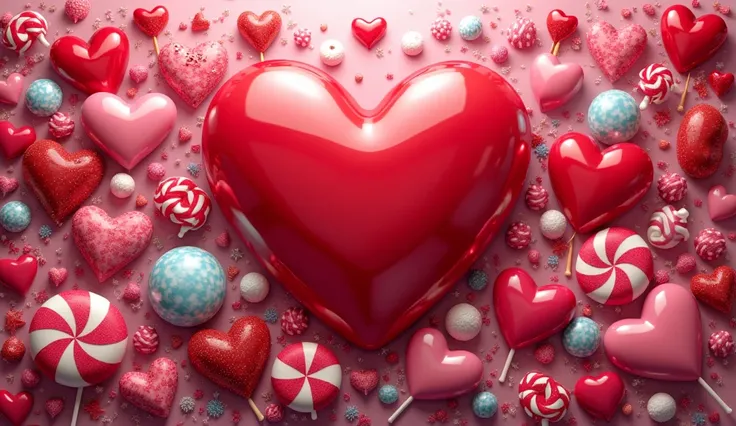 create a graphic made of  inspired by Valentine's Day, with lots of red hearts and more candy, more lollypop and chocolates

