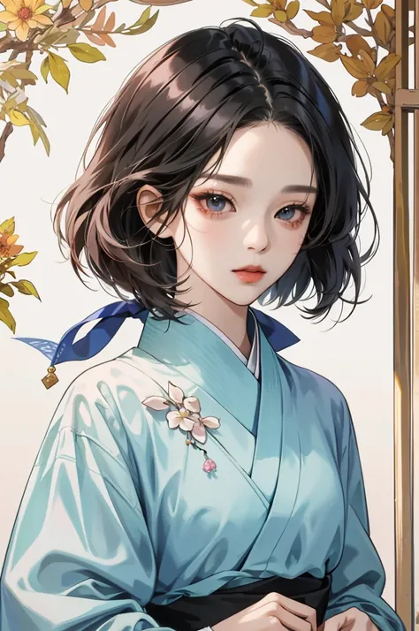 absurdities,  masterpiece,  best quality, clear cores,  Korean girl from Webtoon with beautiful face ,  Beautiful short hair bob  ,  a character from kdrama ,  Anime eyes , semi-casual clothes , fundo de  masterpiece,  detailed background,  long hair.