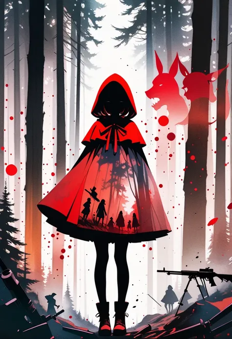 (masterpiece, best quality),(multiple exposure silhouette: 1.2), watercolor print collage depicting,little-girl wearing little-red-riding hood costume,she is standing in the forest,he is surround by rifles and bullets symbols,paint splatters, collage art, ...