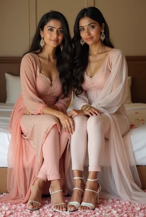 Two Pakistani models who are mother and daughter. Mother is of age 30, and daughter is of age 15, with feet, attending a wedding. All are wearing stilettos with straps, tight kurtis, and very tight leggings.  Full length picture of them sitting together.  ...