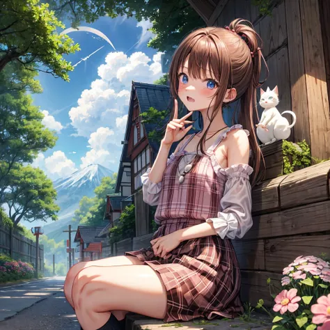 pink brown brown hair、 blue eyes、 with hair tied、Two cute、 Plaid Mini Skirt、 BLACK T-SHIRT、 light clothing、 One Piece、 camisole with green leaves、 high socks 、Teeth are visible、The stone is cracked、 the road is crooked、Mountain々、diagonal、 monsters、fog、 Aur...