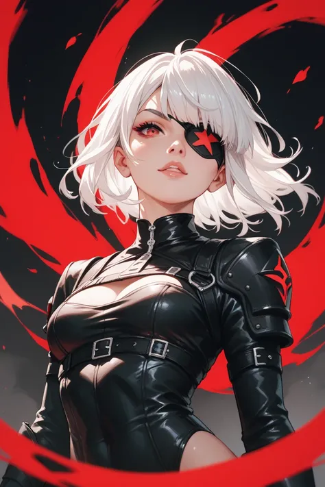 Make the image of a character in a heroine costume in red colors, black and white.  This character has short, white hair with a single black patch in her bangs and red eyes. Her body is a skinny type .