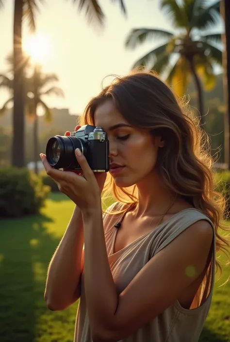 Woman, hold a camera, Sun, Trees, Los Angeles