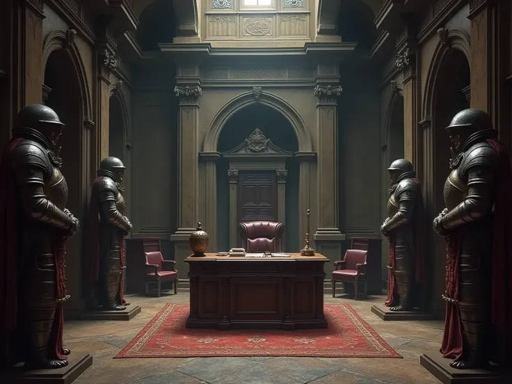 inside a medieval military office room, large room, a medieval desk in the middle of room, iron armor statues on the sides , medieval shadowy atmosphere, detailed medieval items and architecture.