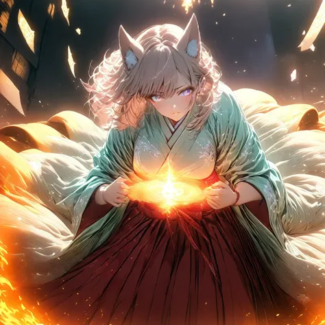 ((((masterpiece)))), anime coloring,Japanese anime,((((Best Quality)))), ,  ,(action),High resolution,fine grain,,Detailed face, Fox Girl,狐の耳,Wearing a kimono,hakama,Beautiful Skin、Beautiful and sophisticated eyes、氷,fire,xss,,mature_lady