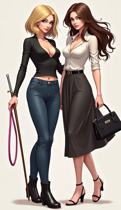 2 dominant mistresses with a thin riding whip, pink leash and handbag, (one with blond Shoulder-length hair, boost, jeans and top) and (one with brown long hair, sandals, skirt and blouse)