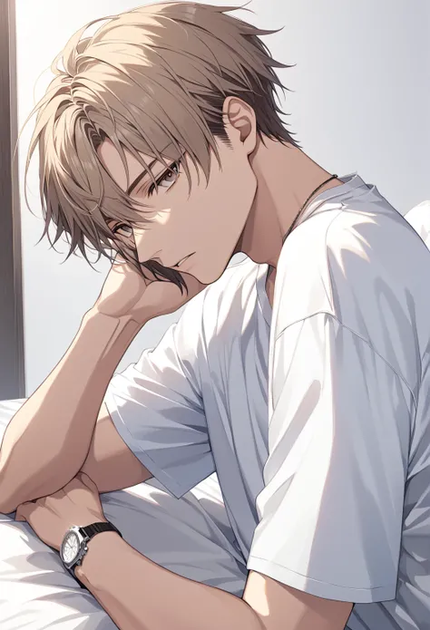 （ highly detailed CG :1.5）、（ crisp quality:1.5）、mature beautiful man 、  alone、（Detailed facial description :1.3）、 short hair、 light brown hair 、Tsurime、Dark Eyes、 No Feelings  、Sharp Eye、hand in own hair、 white t-shirt 、 sit on the bed、from side、 and watch...