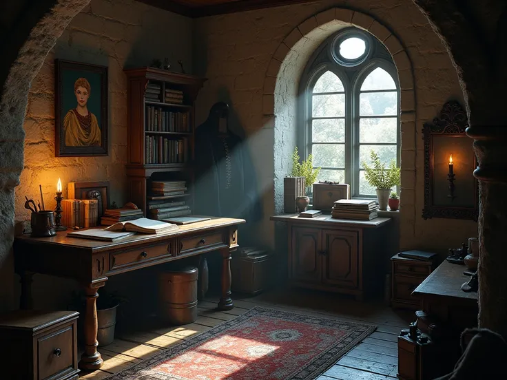 inside a medieval office room, small room, a medieval desk in the middle of room , medieval shadowy atmosphere, detailed medieval items and architecture.