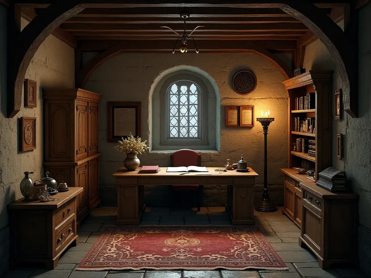 inside a medieval office room, small room, a medieval desk in the middle of room , medieval shadowy atmosphere, detailed medieval items and architecture.