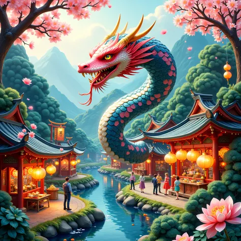 Spirit Snake Spring Festival Map ，画面最上方写着“Happy Year of the Snake”，