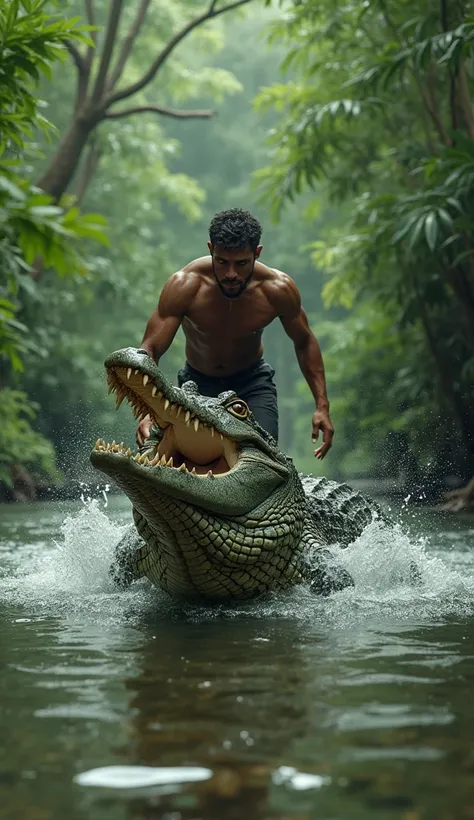 A crocodile emerges from the river  ,  a man chases and climbs a crocodile emerges from within the river 