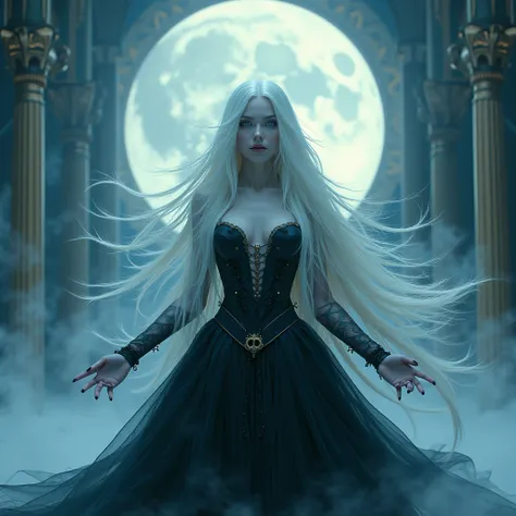 The beautiful vampire queen is vampire art . She&#39;s amazing,  long thick platinum blonde hair and icy blue eyes. amazing.  movie. Dynamism from light and wind .  dramatic lighting. gothic. Classic.   abstract .  surreal. Very scary.  full body depiction...