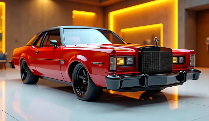 create an ultra-detailed 3D render straight side view , of a Model  1980 Ford Galaxie with a bold design captured from straight side view. The car should feature a 'Gleamy  red  color with a Ford' logo on its side , a large white detailed grille like rolls...