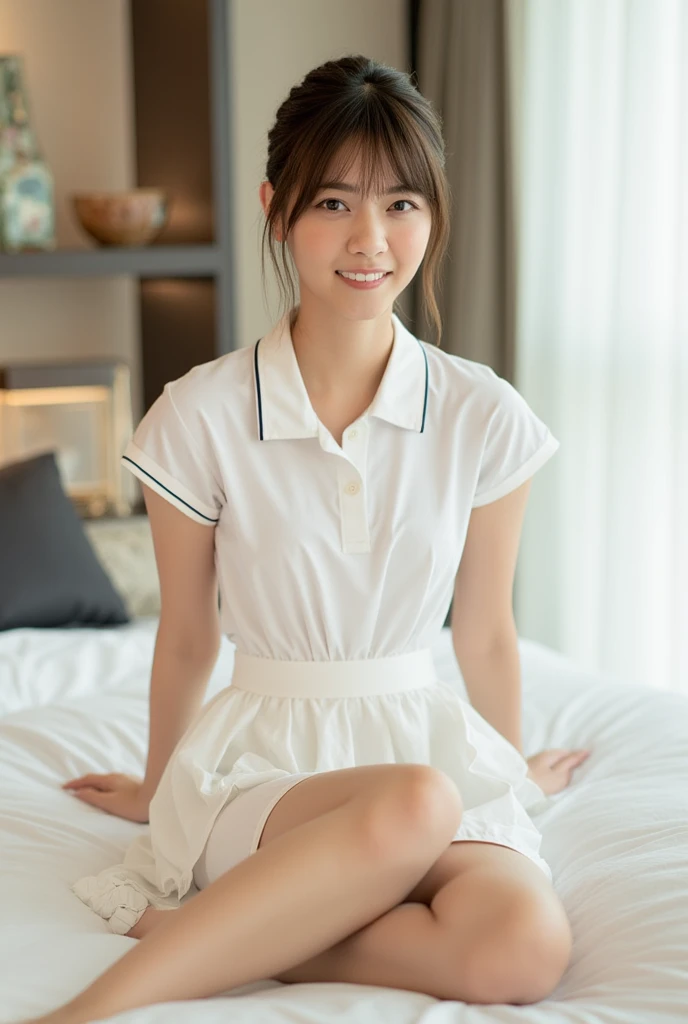 (Masterpiece, Best quality:1.3), (Ultra realistic, Photo-realistic:1.2), (nsfw: 1.3), (Full body: 1.2), Japanese woman, Natural light, 26 years old actor, Neat and clean, ((Wearing white tennis uniform, White short-sleeve polo shirt with collar: 1.3)), (No...