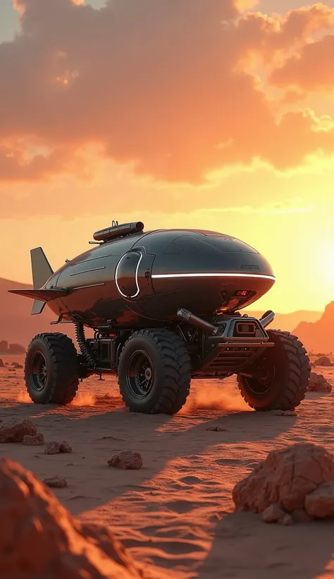 A futuristic hybrid vehicle combining a rugged space rover and a floating cargo airship. The vehicle has sturdy wheels designed for tough desert terrain, while a section of its body hovers, like an airship, gliding effortlessly above the ground. The body i...