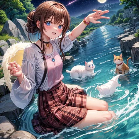 pink brown brown hair、 blue eyes、 with hair tied、Two cute、 Plaid Mini Skirt、 BLACK T-SHIRT、 light clothing、 One Piece、 camisole with green leaves、 high socks 、Teeth are visible、The stone is cracked、 the road is crooked、Mountain々、diagonal、 monsters、fog、 Aur...