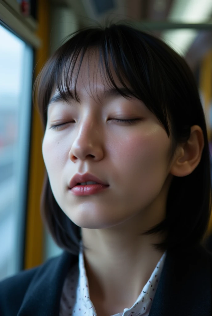  1 girl, debris flies,,Award-winning photograph,  very detailed,  edge orgasm , face focus, ( a woman with her mouth open and her eyes closed ), 30 years old、 black hair、shiny skin、 face close-up , from below、 realistic nostrils 、Long and narrow nasal cavi...