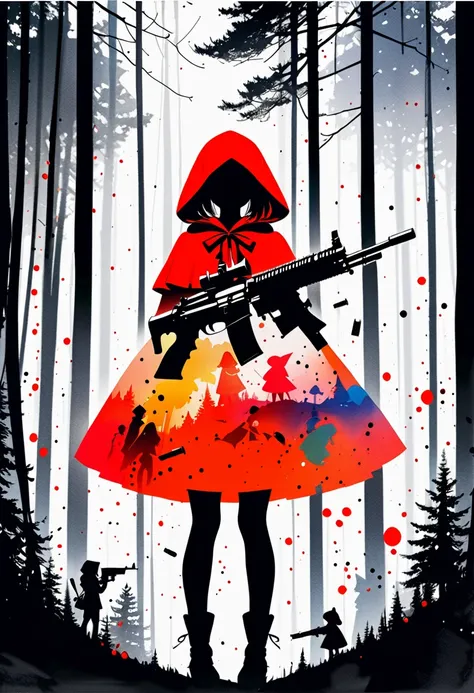 (masterpiece, best quality),(multiple exposure silhouette: 1.2), watercolor print collage depicting,little-girl wearing little-red-riding hood costume,she is standing in the forest,surround by guns and bullets symbols,paint splatters, collage art, contempo...