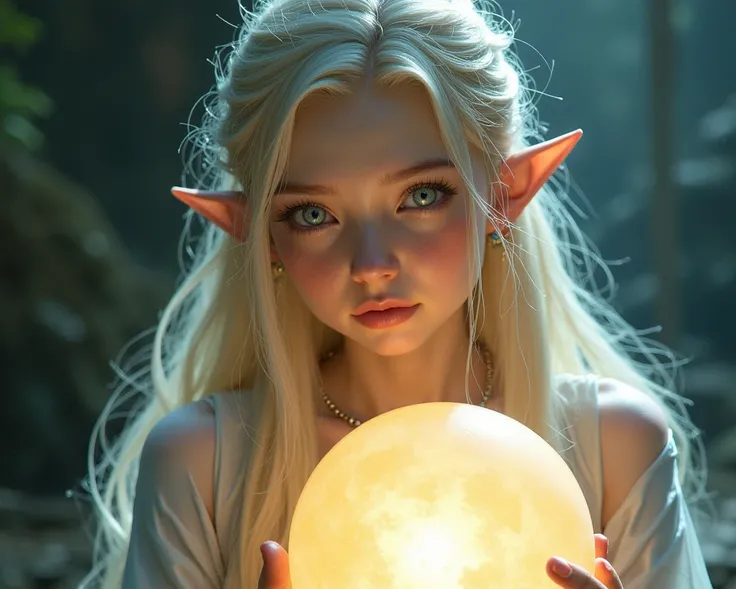  ren one elf, long blonde hair, pointed ears, beautiful detailed blue eyes, beautiful detailed delicate lips, round face, white robe, anatomically accurate, elven hall wth glowing globe background (best quality,4k,8k,highres,masterpiece:1.2),ultra-detailed...