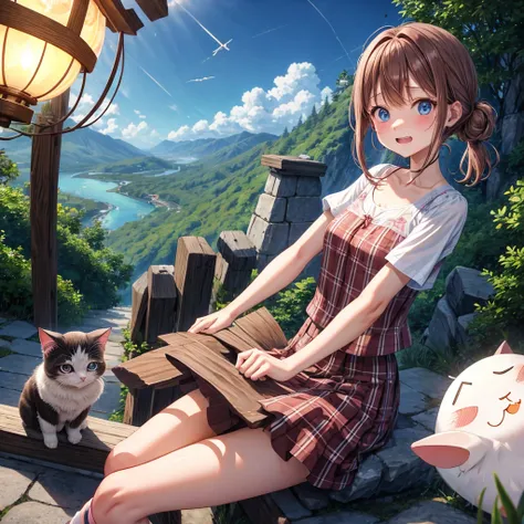 pink brown brown hair、 blue eyes、 with hair tied、Two cute、 Plaid Mini Skirt、 BLACK T-SHIRT、 light clothing、 One Piece、 camisole with green leaves、 high socks 、Teeth are visible、The stone is cracked、 the road is crooked、Mountain々、diagonal、 monsters、fog、 Aur...