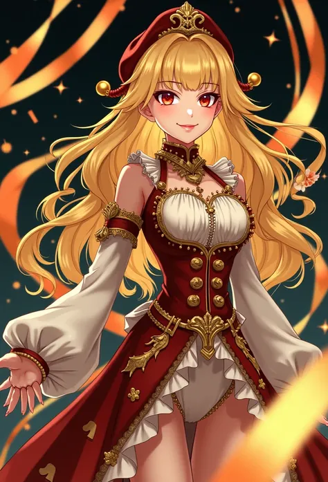 Создай иллюстрацию 

tennage girl blonde, red eyes. Assistant of the villian ‘jester’, her costume is based on red and white and black colors , embroidery, frills, very elegant but at the same time stylish and bold. Everything in her costume directly speak...