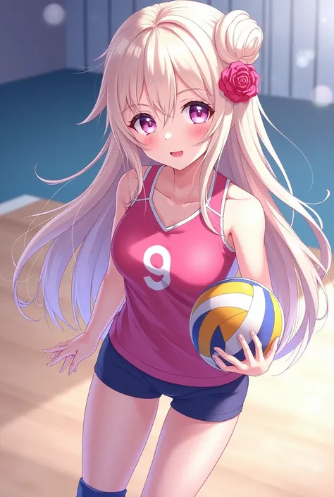 (ivory hair:1.4), BREAK, (score_9, score_8_up, score_7_up), source_anime, vibrant colors, volleyball_uniform, shorts, sleeveless, tight fitting, long flowing hair, bangs, (single hair bun), red rose hair ornament, (light pink eyes:1.3), soft purple eyeshad...