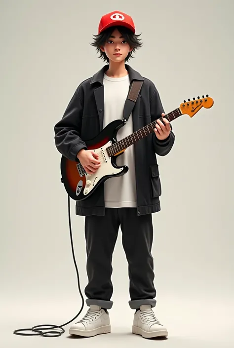 black outerwear, white T-shirt, white sneakers, guitar in hand, red cap