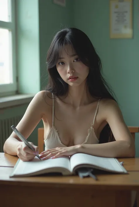 realistic woman, Korean high school students, Inside the school, studying hard, Black Hair, realistic beautiful body. incredibly absurd. naked or not wearing