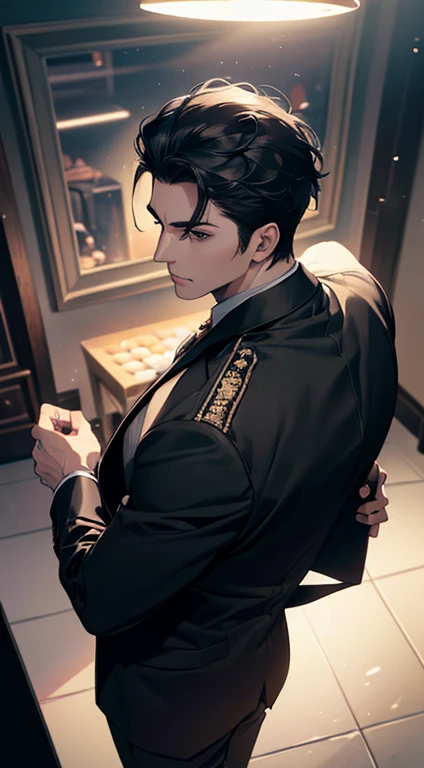 ( best quality,  masterpiece, 8k,  photorealistic,  cinematic lighting, 1:4 HDR image ,  seen from above ,  extremely detailed, Beautiful image), A mature man, Very beautiful,  short black hair ,  black eyes, no errors , ((buttoning the jacket, CEO))