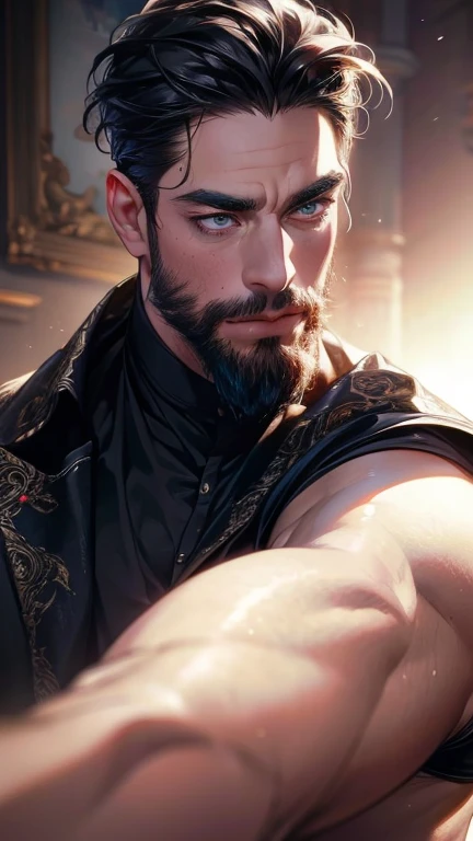 (   best quality,4K,8k,   highres,   masterpiece :1.2),   ultra-detailed   ,(realistic,photorealistic,photo-realistic:1.37),36-year-old man,3 day beard,Beautiful anime,Portraits,strong,Masculine,    with black hair  ,sharp jaw,     mesmerizing eyes     ,  ...