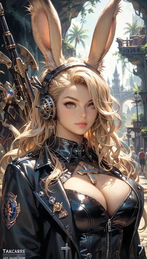 Final Fantasy Style , Takahashi Kazunari's masterpiece,   Depiction of a face expressed down to the smallest detail,  Detailed Eyes 、Detailed faces、Hair drawn down to the smallest detail 、Solo Female Viera   ,  (( Explorer Women ,   Explorer Outfits, Heavy...