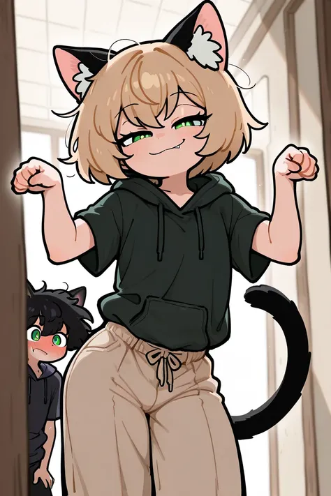 masterpiece, high resolution,  top quality,  blonde,Black cat ears,Black cat tail, Shota,1 person,Naughty,Fluffy and disheveled hair,Short hair, green eyes, Large Short Sleeve Black Hoodie, large light brown pants,smile, big black hoodie that doesn't fit m...