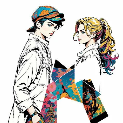 (masterpiece,   top quality of talks),  pop art  ,Detailed Destiny  ,  collage art, JoJo Style ,Part 5 、 back to back 、Calm、 stand
