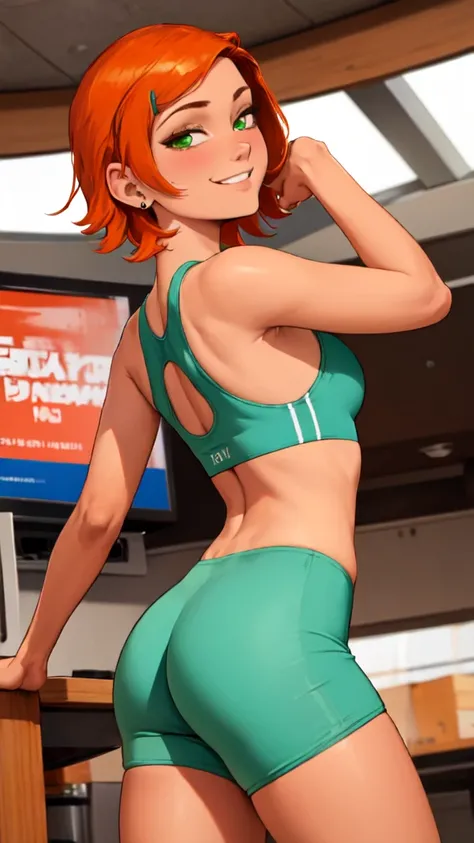 1 ,( alone), ( masterpiece:1.2), ( High quality cutlery:1.0), looking at the viewer , ( extremely detailed),to smile, short orange hair,  green eyes, gwen tennyson, sports bra, shorts de yoga curvilíneo, from behind, ( low angle view )