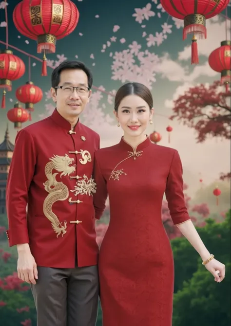 A man and woman in traditional Chinese red attire, the man wearing a Chinese-style shirt with gold dragon embroidery, and the woman in a red lace cheongsam. The background features floating red lanterns, blossoming trees, and decorative elements in a warm,...