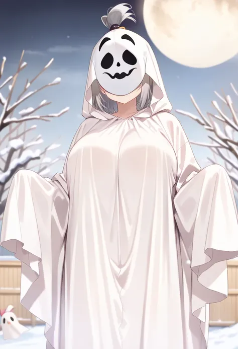 score_9,score_8_up,score_7_up,rating_safety,source_manga,masterpiece,best quality,hyper detailed,super fine illustration,8k,cinematic angle,from front,
BREAK 1girl,(grey hair,topknot),(middle breast),(ghost mask,ghost costume,long costume:1.3),standing,BRE...