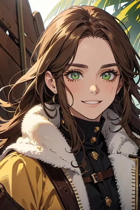  yellow-green eyes ,  natural chocolate brown hair , eyes, adult, to smile, , PIRATE, spots on the face