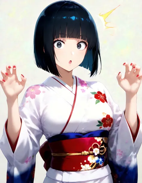 score_9, score_8_up, score_7_up, (1girl, solo), (upper body, looking at viewer), (black short hair, bob cut, blunt bangs), black eyes, (Japanese clothes, kimono, floral print, sash, long sleeves, obi), (surprised expression, astonishment), (raised, both ar...