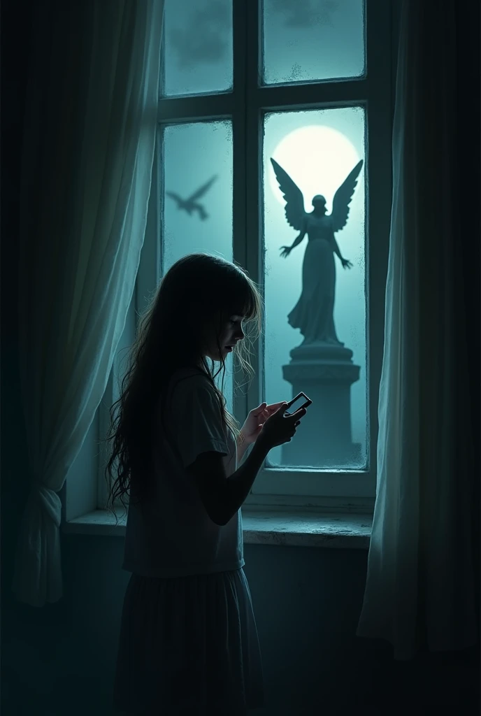  dark room,  young nanny holds the phone , her face is pale with horror . Outside the window is the silhouette of a mysterious angel statue,  moonlit .  The atmosphere of anxiety and fear .