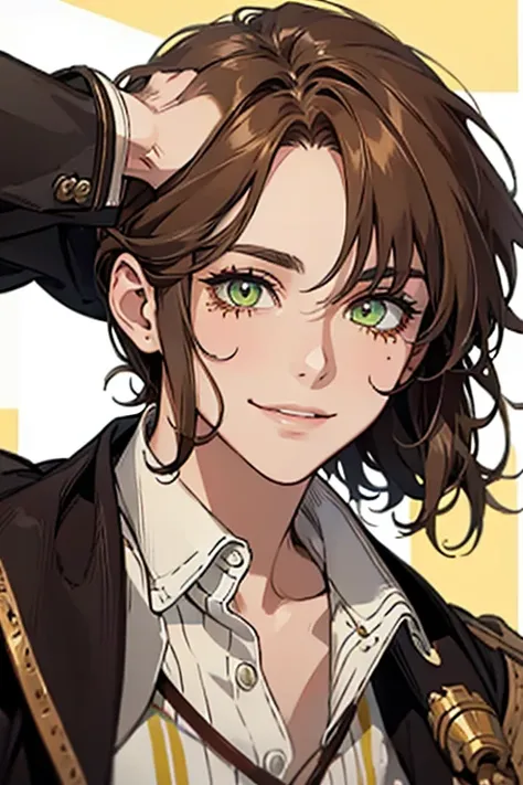  yellow-green eyes ,  natural chocolate brown hair , eyes, adult, to smile, , PIRATE, spots on the face