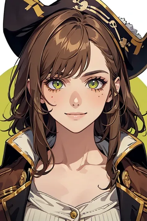  yellow-green eyes ,  natural chocolate brown hair , eyes, adult, to smile, , PIRATE, spots on the face