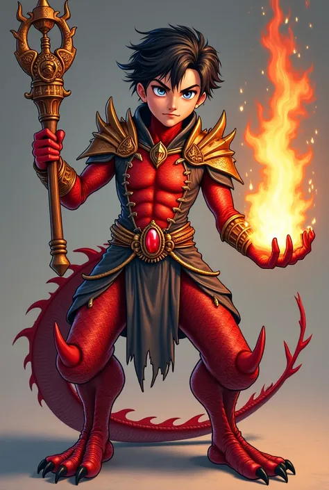 Dragon born sorcerer, with short black hair slicked back, red scaled skin, dragon legs, dragon hands with claws, a dragon’s tail, dragon’s feet, wearing armor with a red jewel in the center, holding a wooden staff carved with a dragon head with a orb in it...