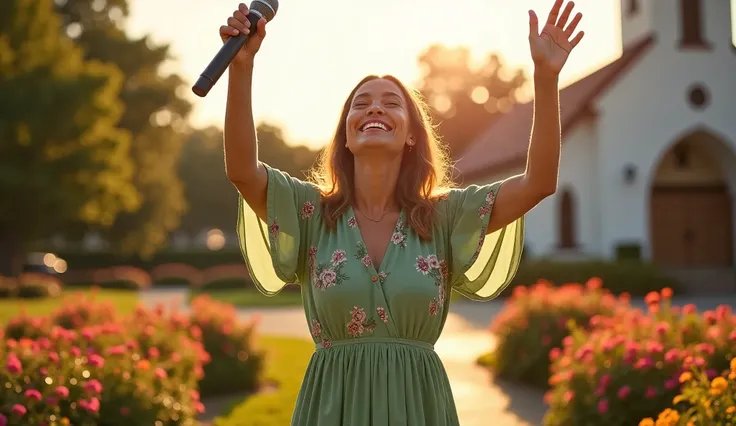 Main Focus:
A female worshiper in a soft green dress with floral accents, holding a microphone in one hand while singing passionately.

Pose and Expression:
Standing with both hands raised high in praise, eyes closed, and a joyful expression on her face. S...