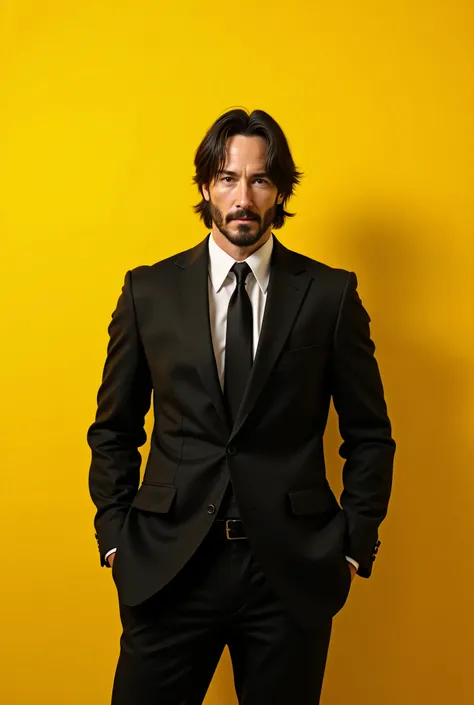 keanu reeves in suit on the complete yellow background