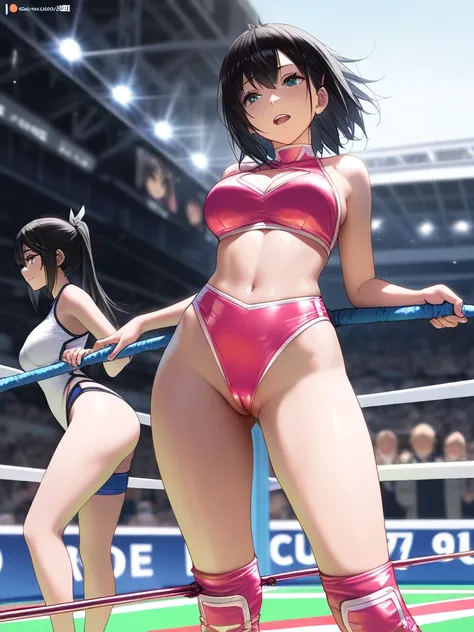 Misaki Toyoda, a talented and beautiful Japanese female professional wrestler, wearing a revealing pink costume, finds herself in a pinch during a match,ride on tightrope by pussy,public heir,((((masterpiece)))), (( unity 8k wallpaper, photorealistic , (( ...