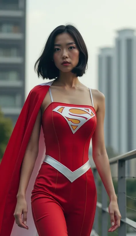 A beautiful and sexy Indonesian woman wearing a red and white superman costume with short shoulder-length black hair, serious faced is walking holding an indonesian flag on his arm, standing next to a skyscraper