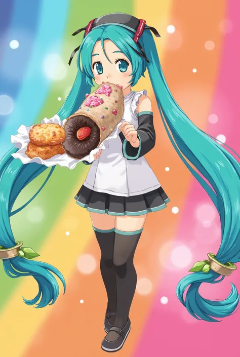 (Masterpiece、 top quality、 top quality、 Official Art、  beautiful and beautiful  :1.2)、( one girl to rainbow:1.3) Hatsune Miku、 Twin Tails, beautiful breasts,  3d animation, Cute girl walking while nibbling on a doughnut wrapped in paper,  detailed descript...